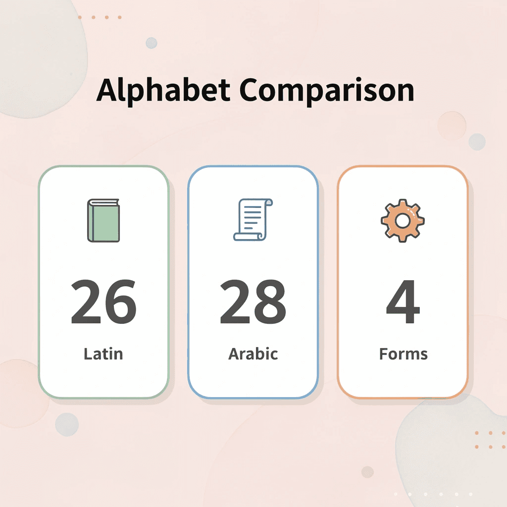 Infographic comparing Latin and Arabic alphabet statistics