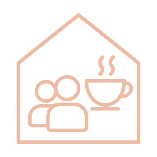 Icon eines Hauses mit Personen und dampfender Kaffeetasse im Inneren