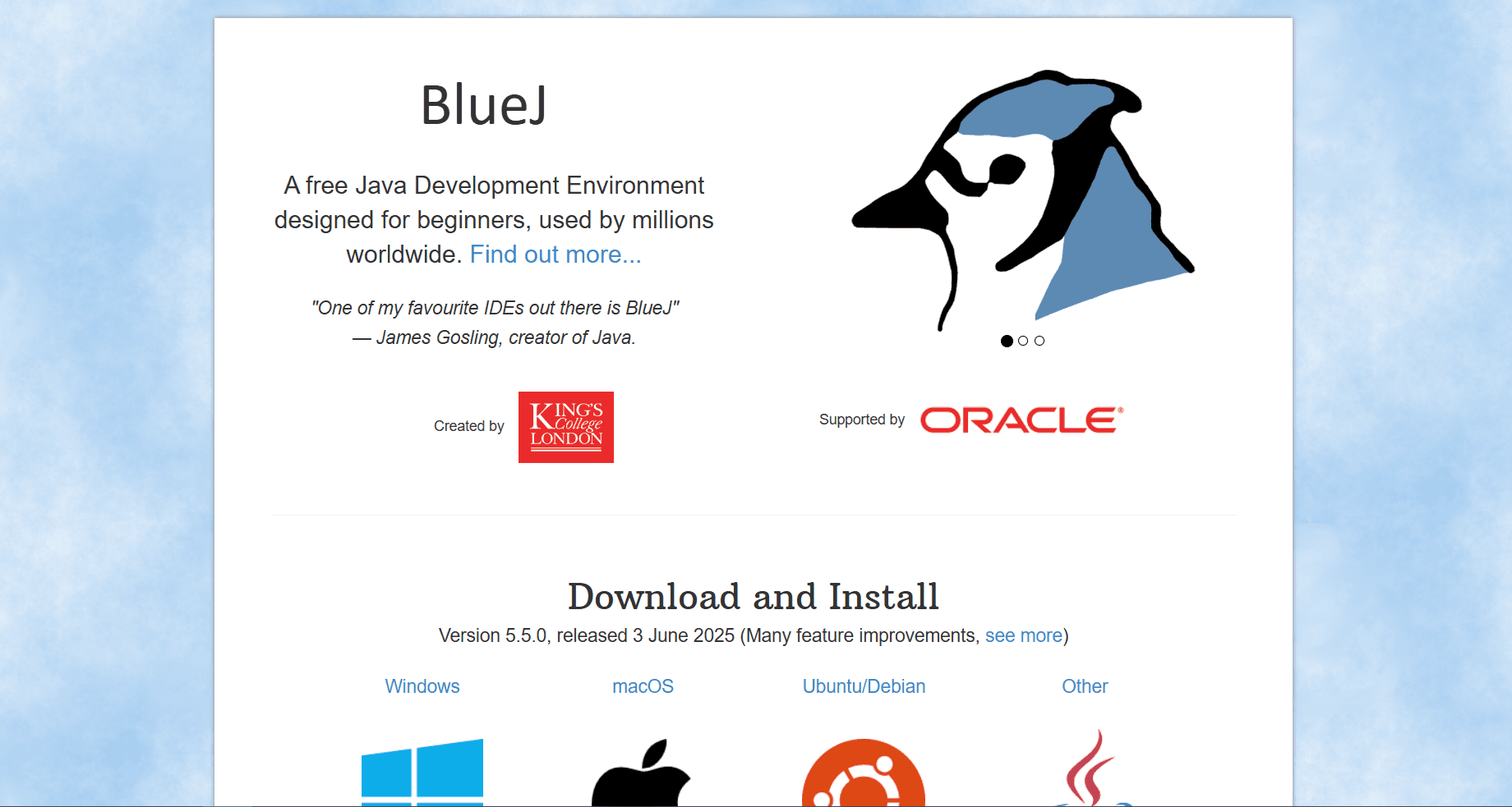 Homepage screenshot of BlueJ, a beginner-friendly Java development environment, featuring its logo, support from Oracle, and download options for multiple operating systems.
