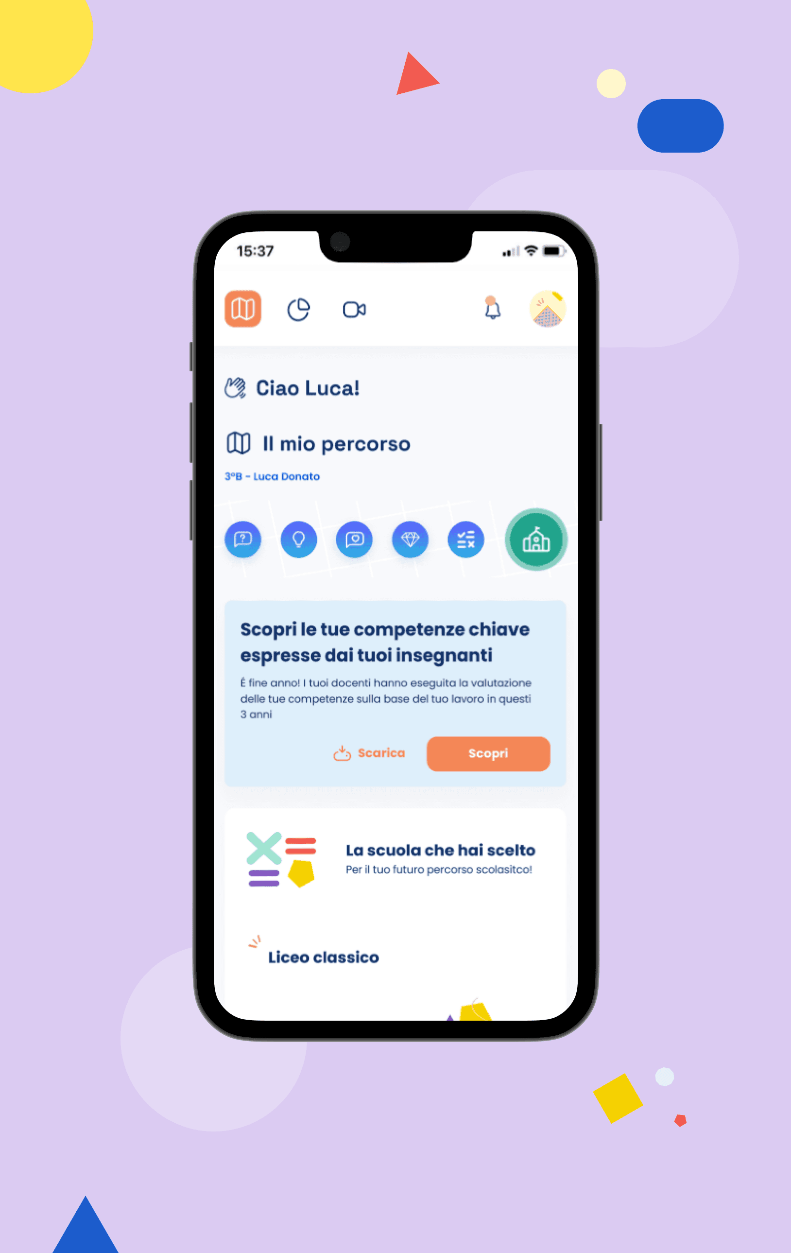Interfaccia studente con il proprio percorso, le competenze chiave indicate dagli insegnanti e dettagli sul proprio percorso scolastico futuro