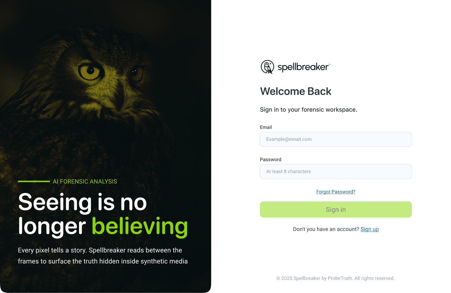 Spellbreaker sign-in screen — “Seeing is no longer believing”