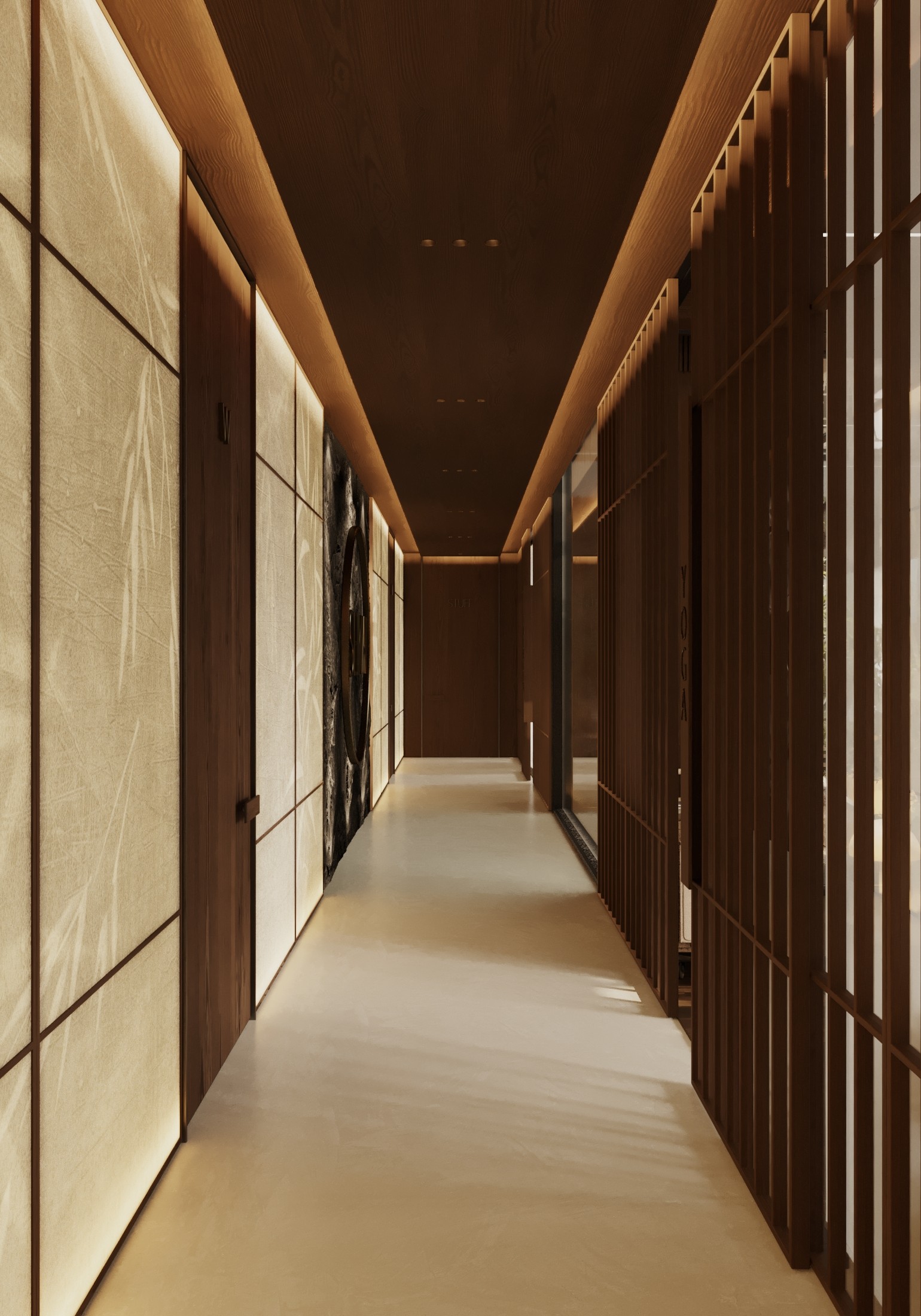 Modern hallway with illuminated textured walls and wood paneling.