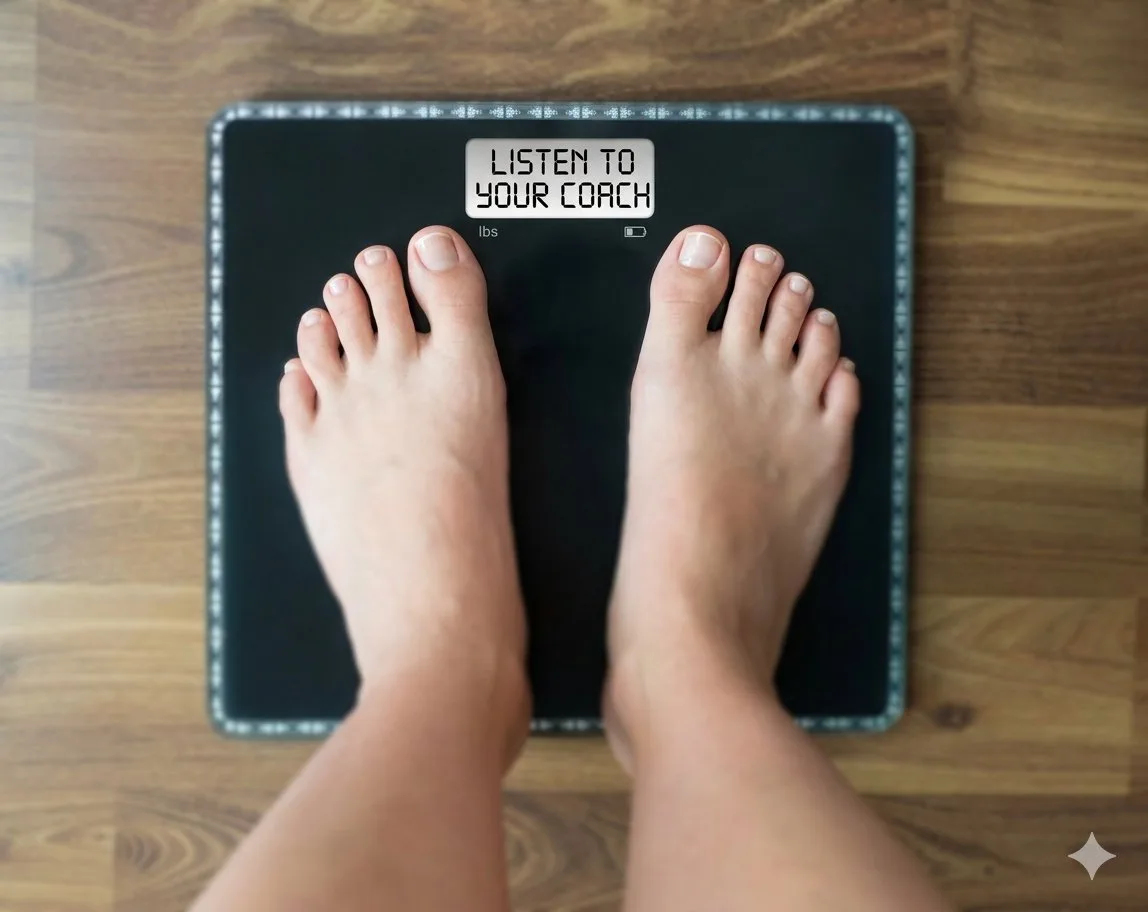 Feet standing on a scale reading "Listen to Your Coach"