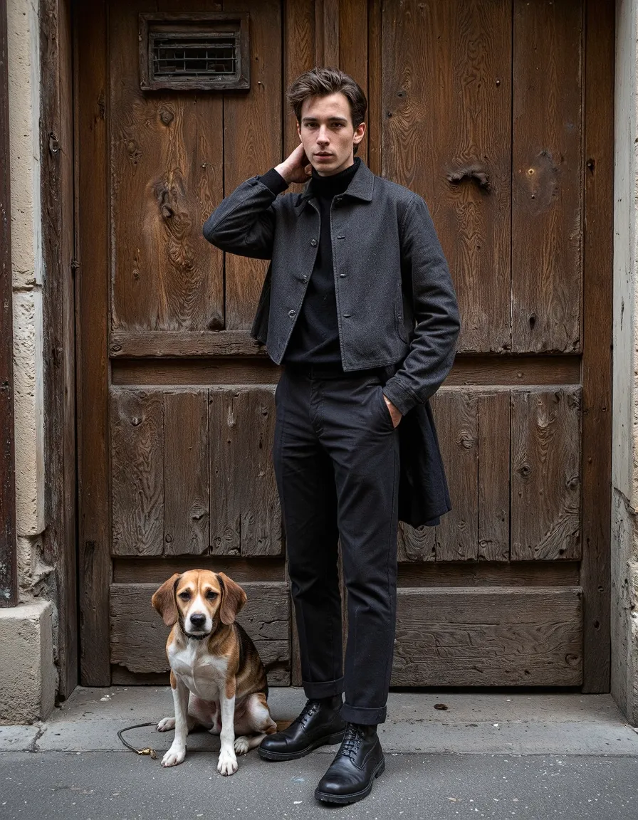 Man in black outfit with beagle dog posing against rustic wooden door in urban setting