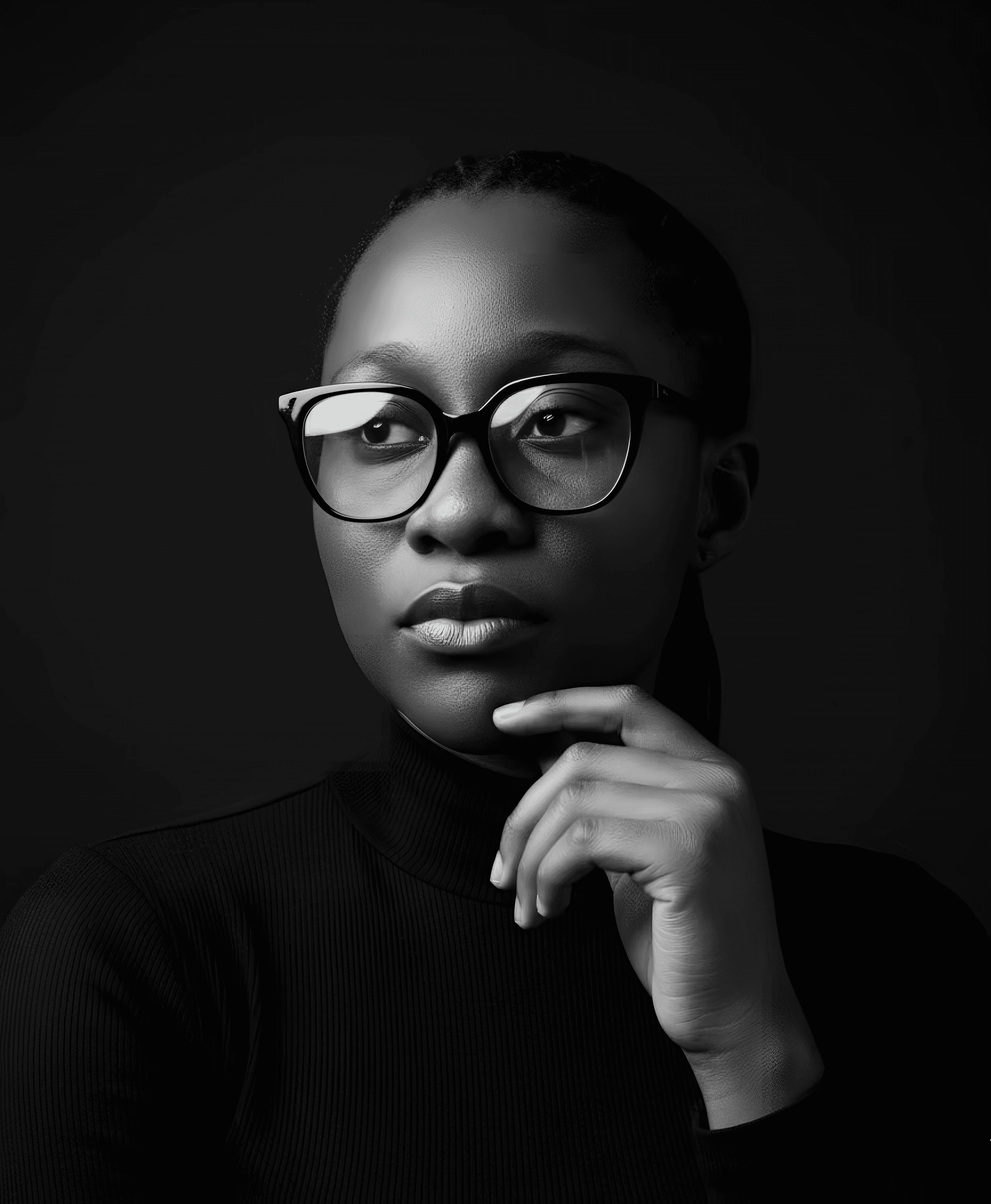 Monochrome portrait of a confident woman in glasses representing verified identity, professionalism, and trust with Profiled Nigeria.