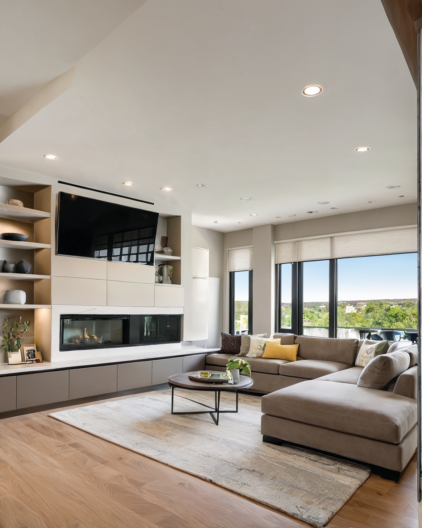 Luxurious modern living room with classic molding, rich wooden finishes, leather seating, curated artwork, and natural daylight streaming through sheer drapes — designed by Modern Habitat Interior Group.