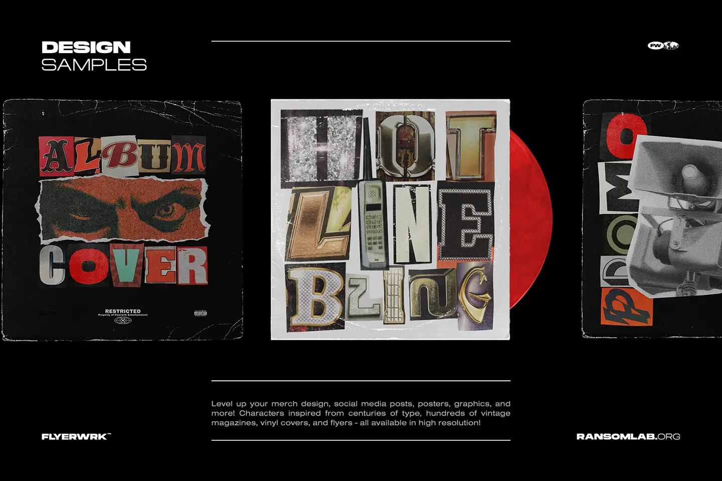 RansomLab design samples showing album covers and promo graphics created with vintage cut out letters