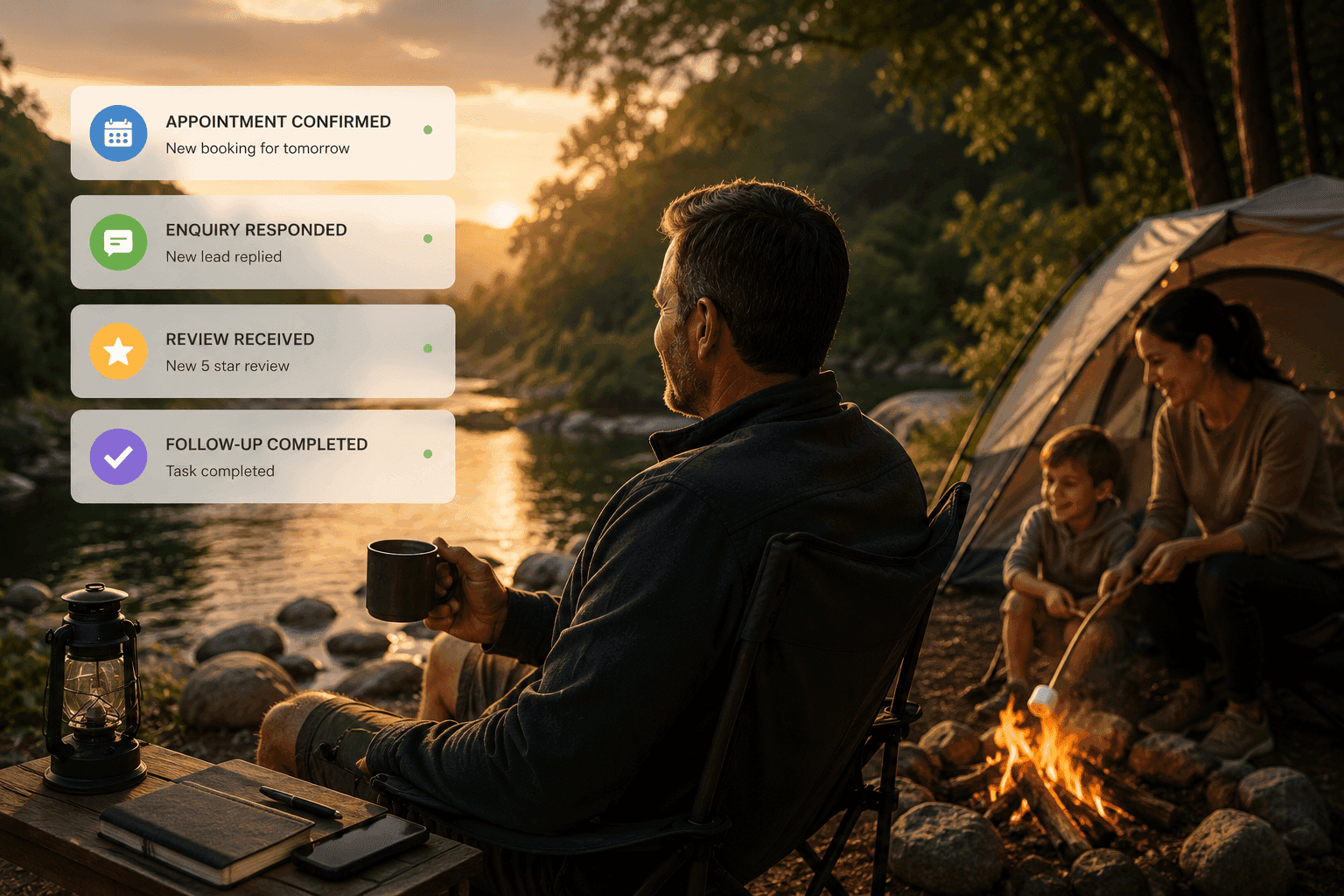 A visual infographic showing how small business improvements compound into long-term growth over time, featuring faster response times, follow-up systems, customer reviews, communication, and organised business processes connected to a rising growth curve.