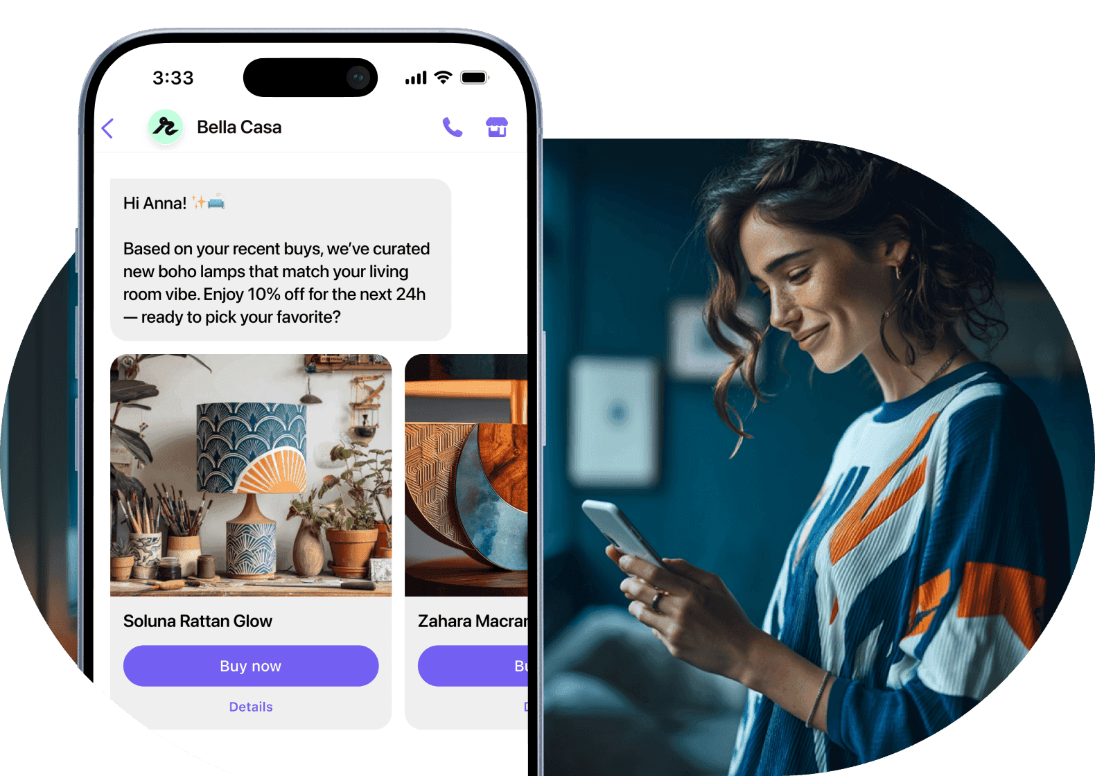 Happy woman looking on her smartphone, which depicts a personalized Viber message (tablet view)