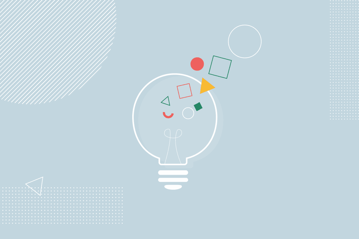 An illustration of a light bulb, with various shapes floating from it, giving the illusion of ideas generating. 