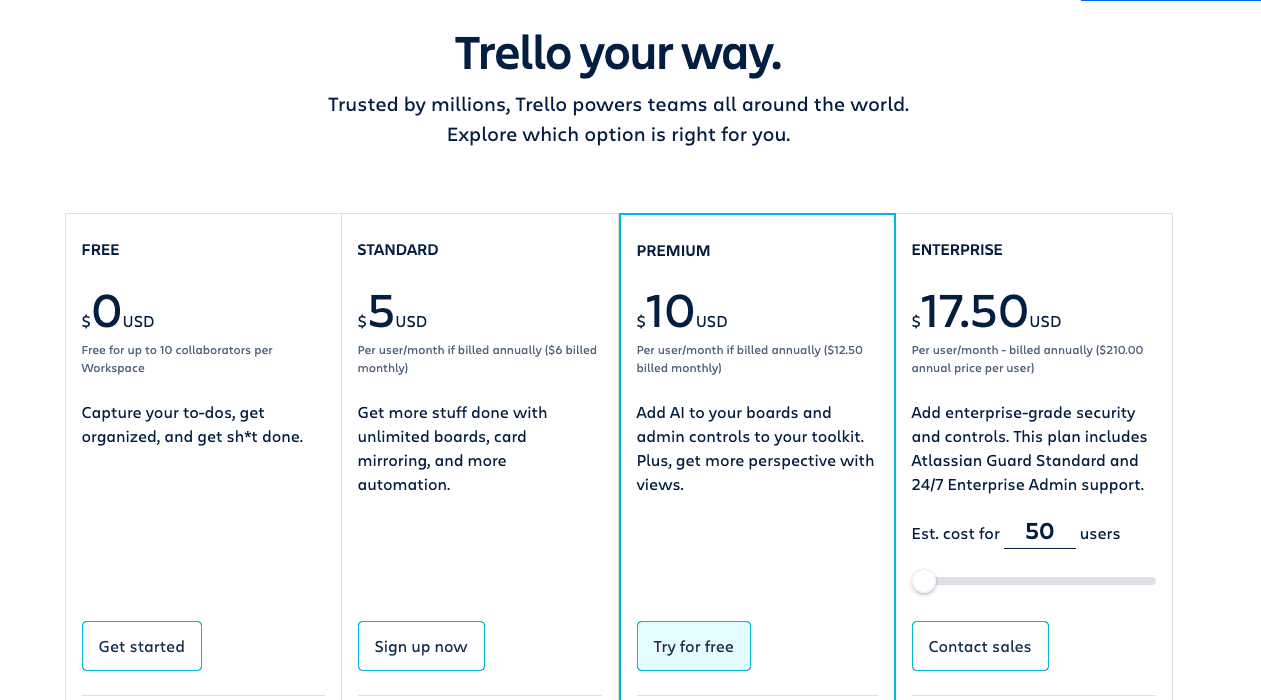 Trello pricing plan