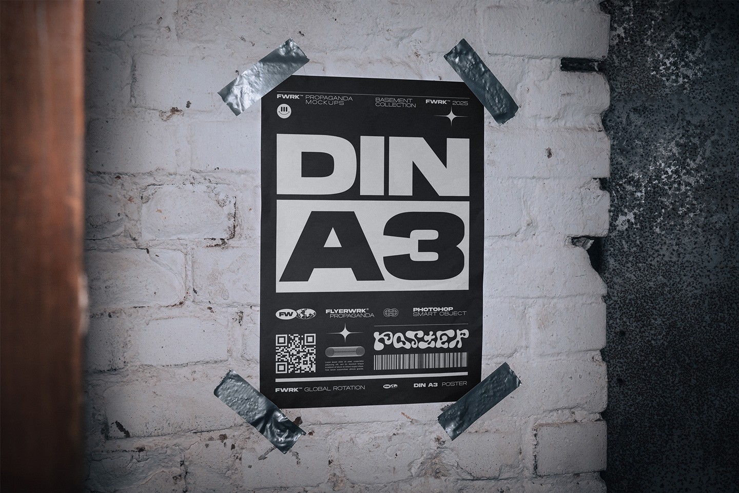 A3 poster mockup taped to a white brick wall with grey duct tape in an urban setting