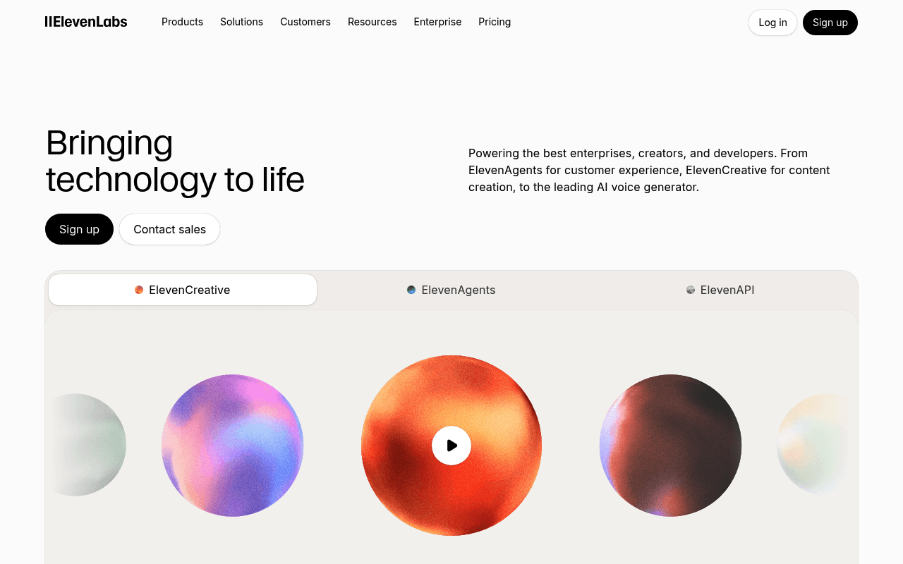 ElevenLabs homepage showing its AI voice and audio platform positioning