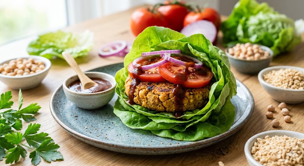 A close-up photograph of a professional, high-detail vegan burger wrapped in fresh Bibb lettuce leaves. The patty, made from textured vegetable protein and chickpeas, is topped with red onion and a sugar-free BBQ sauce drizzle, presented as a healthy plant-based meal.