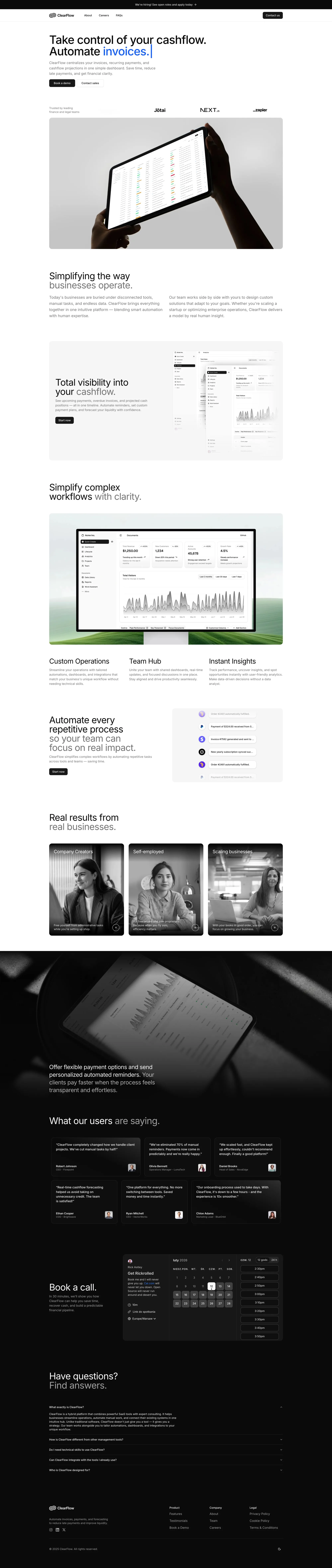 ClearFlow landing page screenshot showcasing Finance and Marketing design