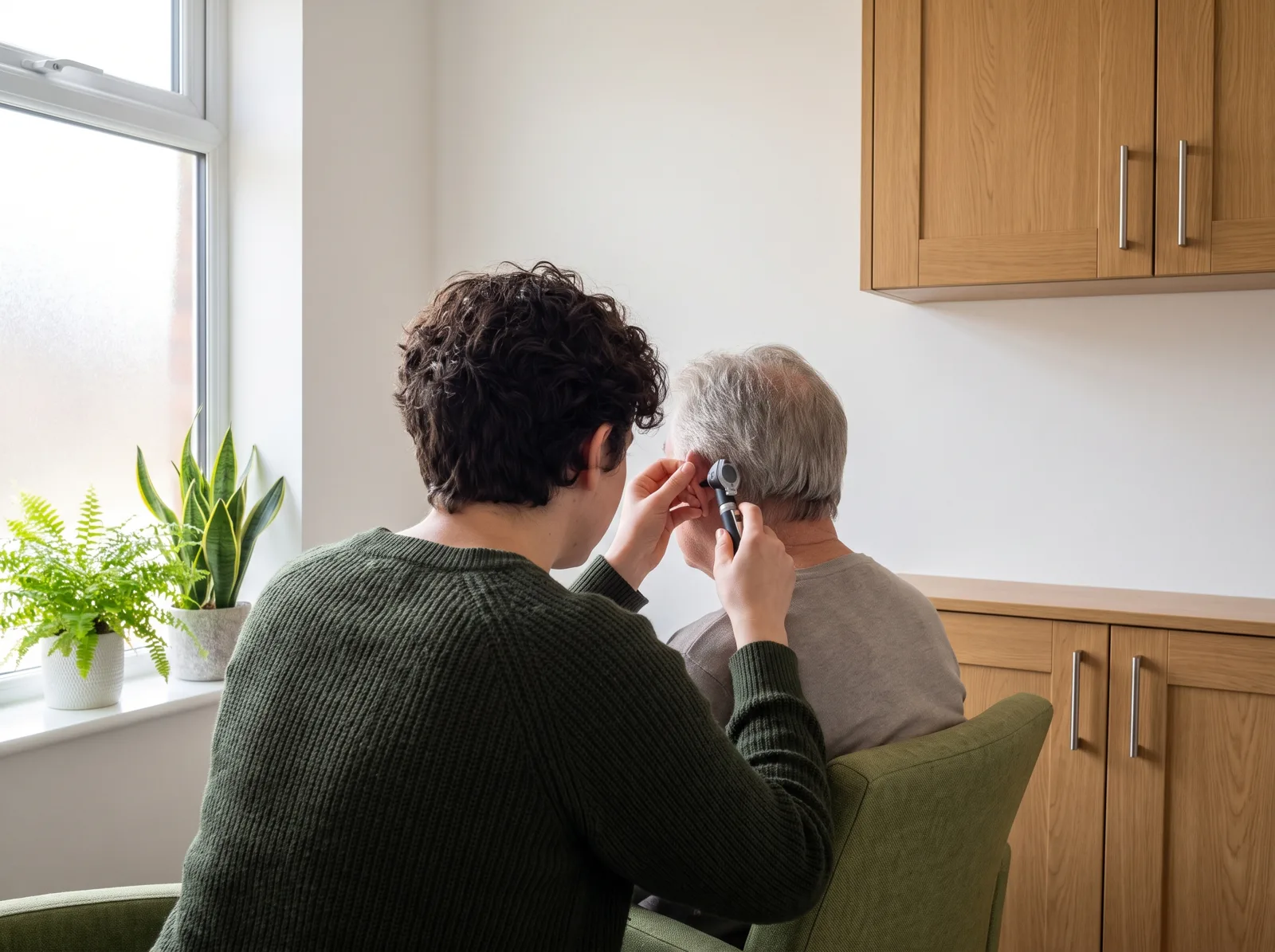 Pharmacist, seen from behind, looking into a patient's ear with an otoscope