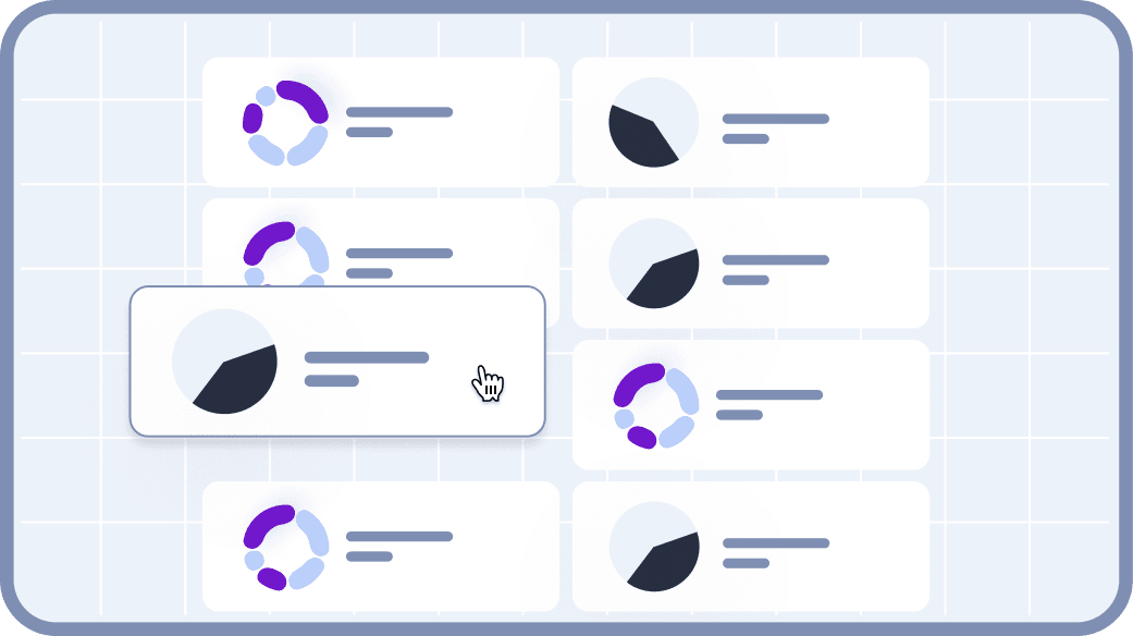 A graphic depicts multiple cards with circular or bar charts inside them with some data, showing a drag and droppable system set against a blue grid-patterned background.