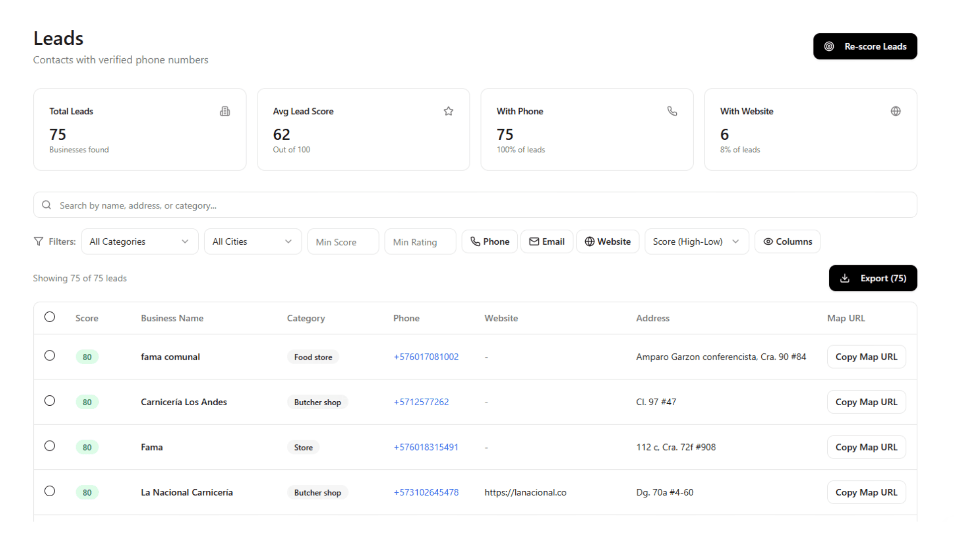 Dashboard showing verified phone numbers and contact details of leads found by LeadMaper, including local businesses and SMBs discovered through Maps and local listings