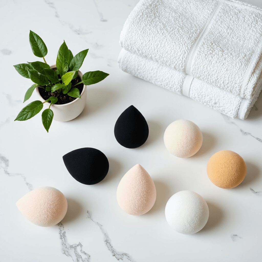 product photography of makeup sponges and powder puffs