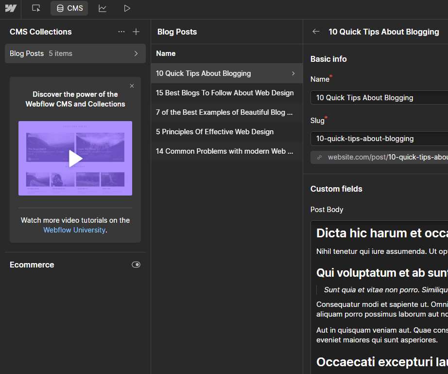 Webflow CMS dashboard displaying dynamic content setup