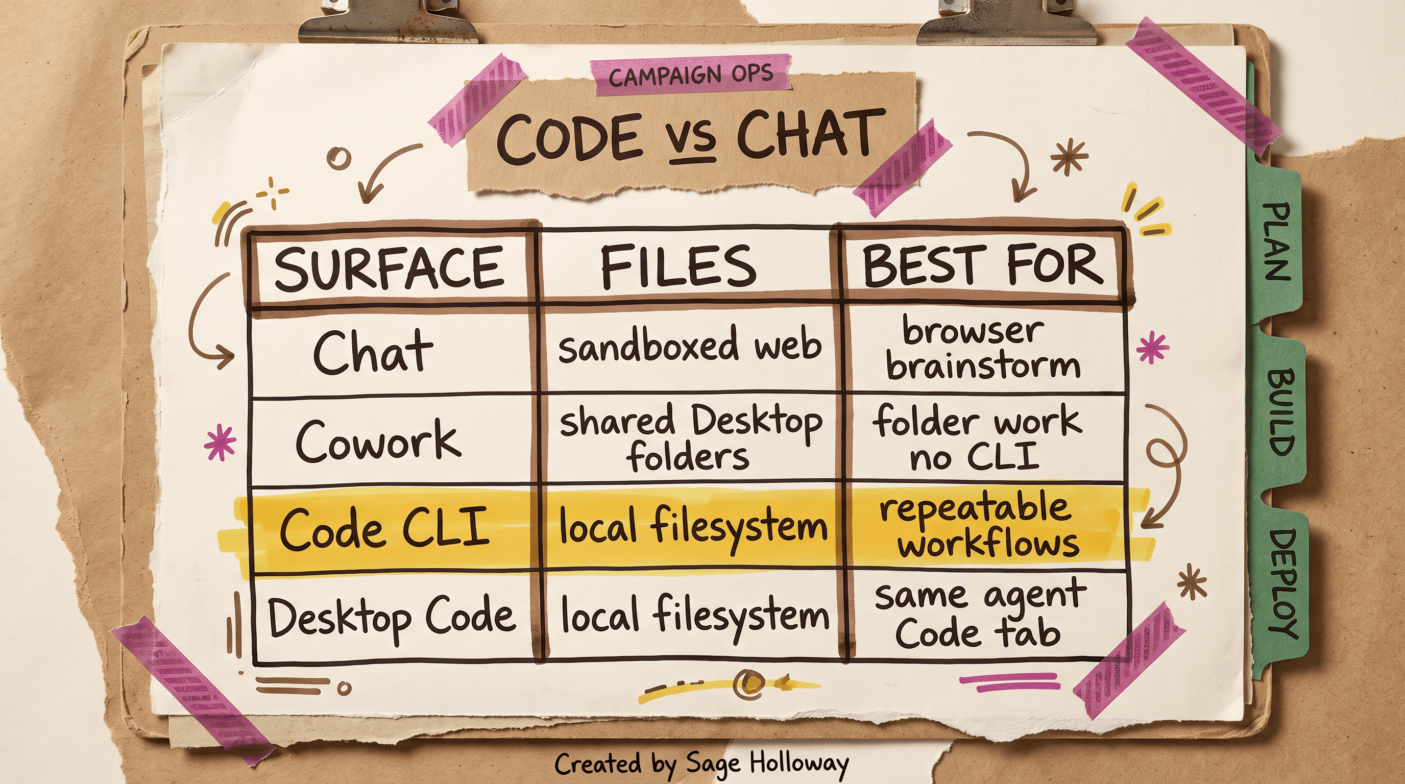 Table comparing Claude Chat, Cowork, Code CLI, and Desktop Code tab for file access