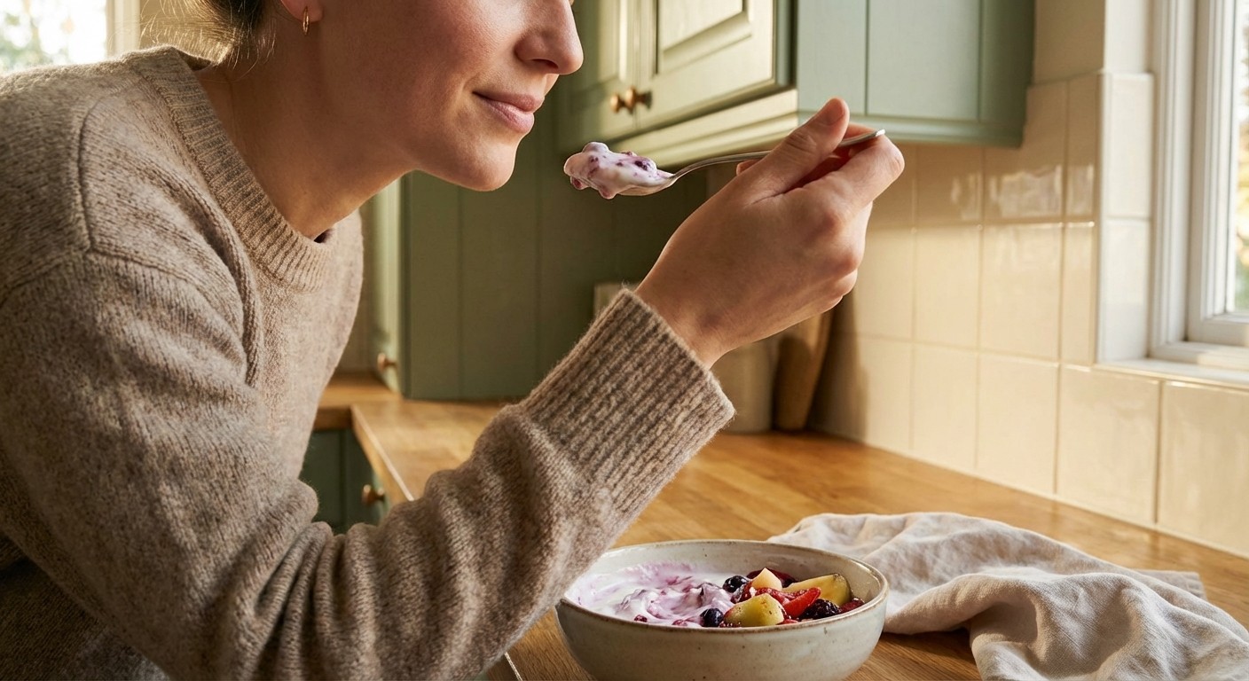 Patient at home eating soft foods during implant recovery with yogurt and fruit in warm kitchen lighting