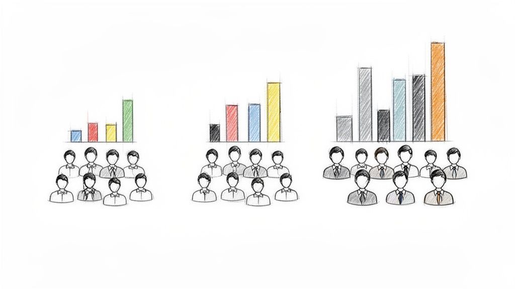 Een potloodschets van drie groepen mensen met daarboven staafdiagrammen die groei en vooruitgang illustreren.