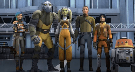 The full Ghost Crew including Sabine Wren, Zeb Orrelios, Hera Syndulla, Kanan Jarrus, Ezra Bridger, and Chopper