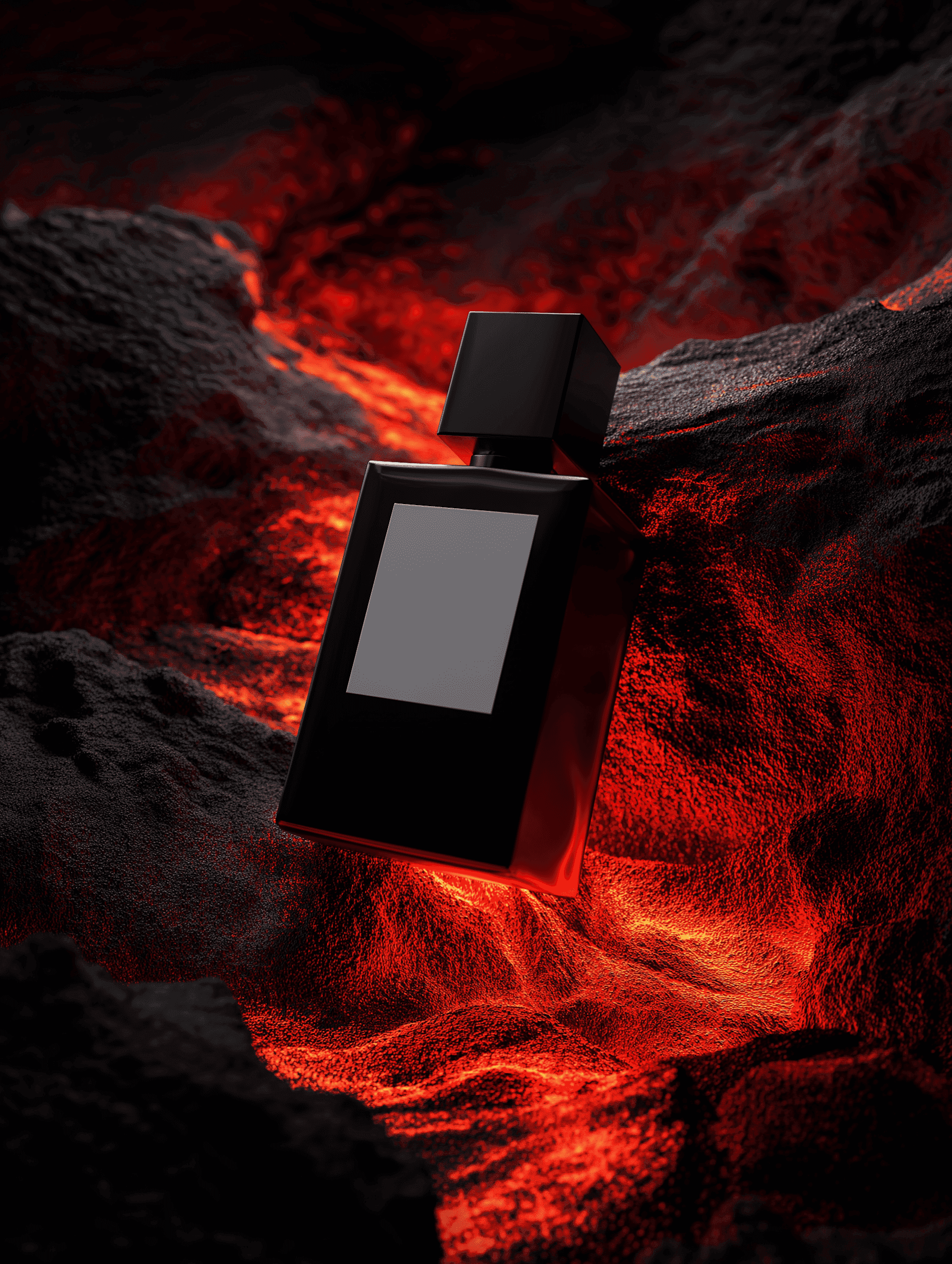 Black perfume bottle sitting on volcanic rocks surrounded by fiery lava