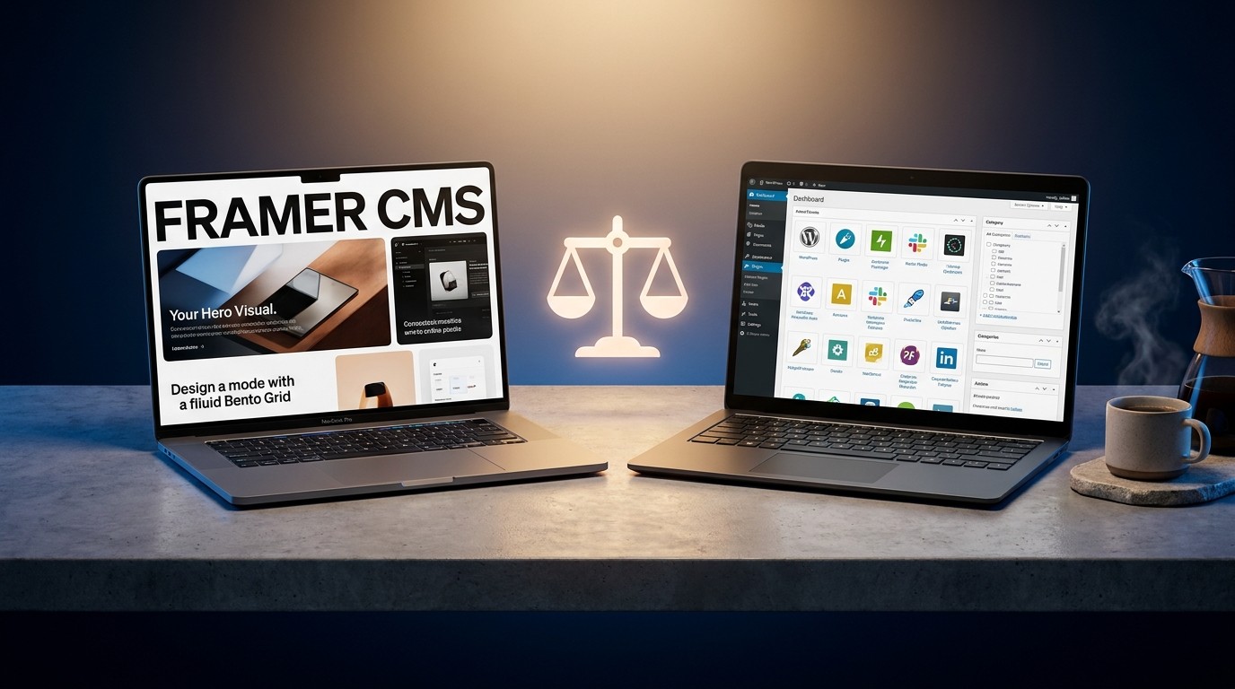 Framer und WordPress Vergleich auf zwei Laptops für die CMS Auswahl