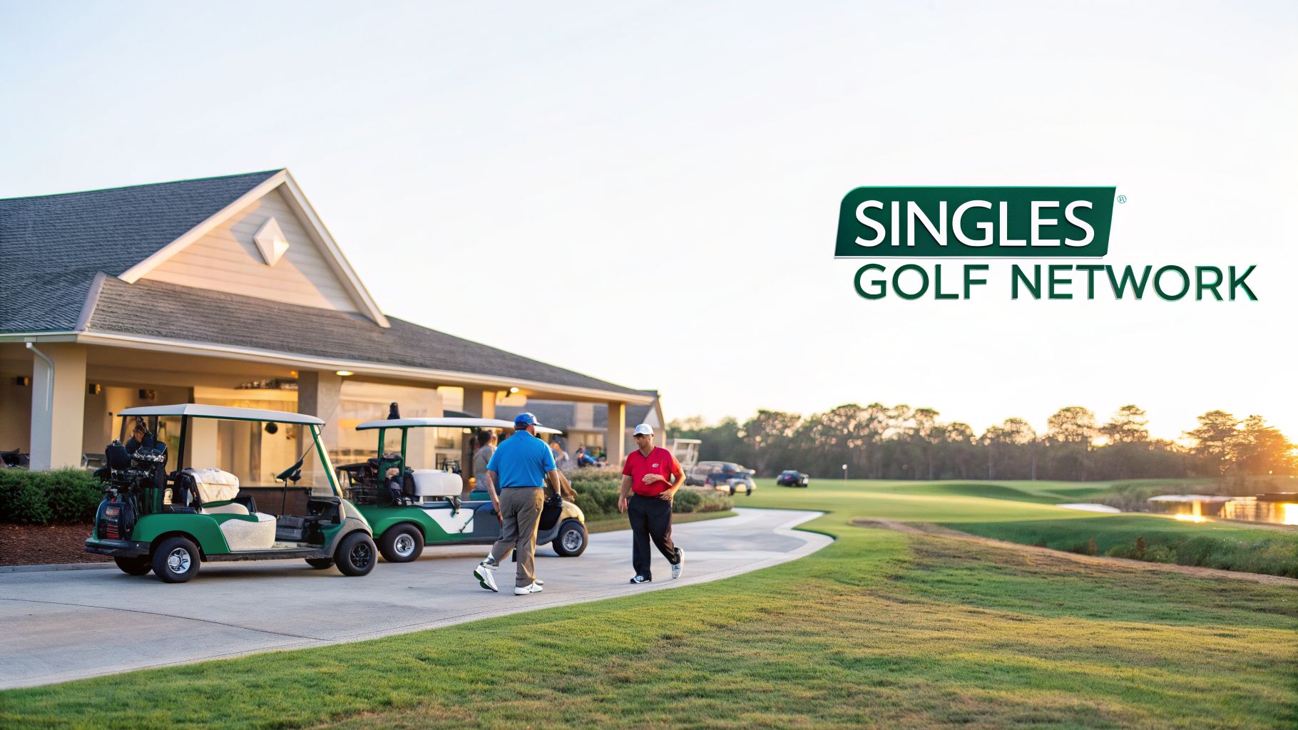 Two men walk by golf carts parked at a clubhouse on a sunny golf course.