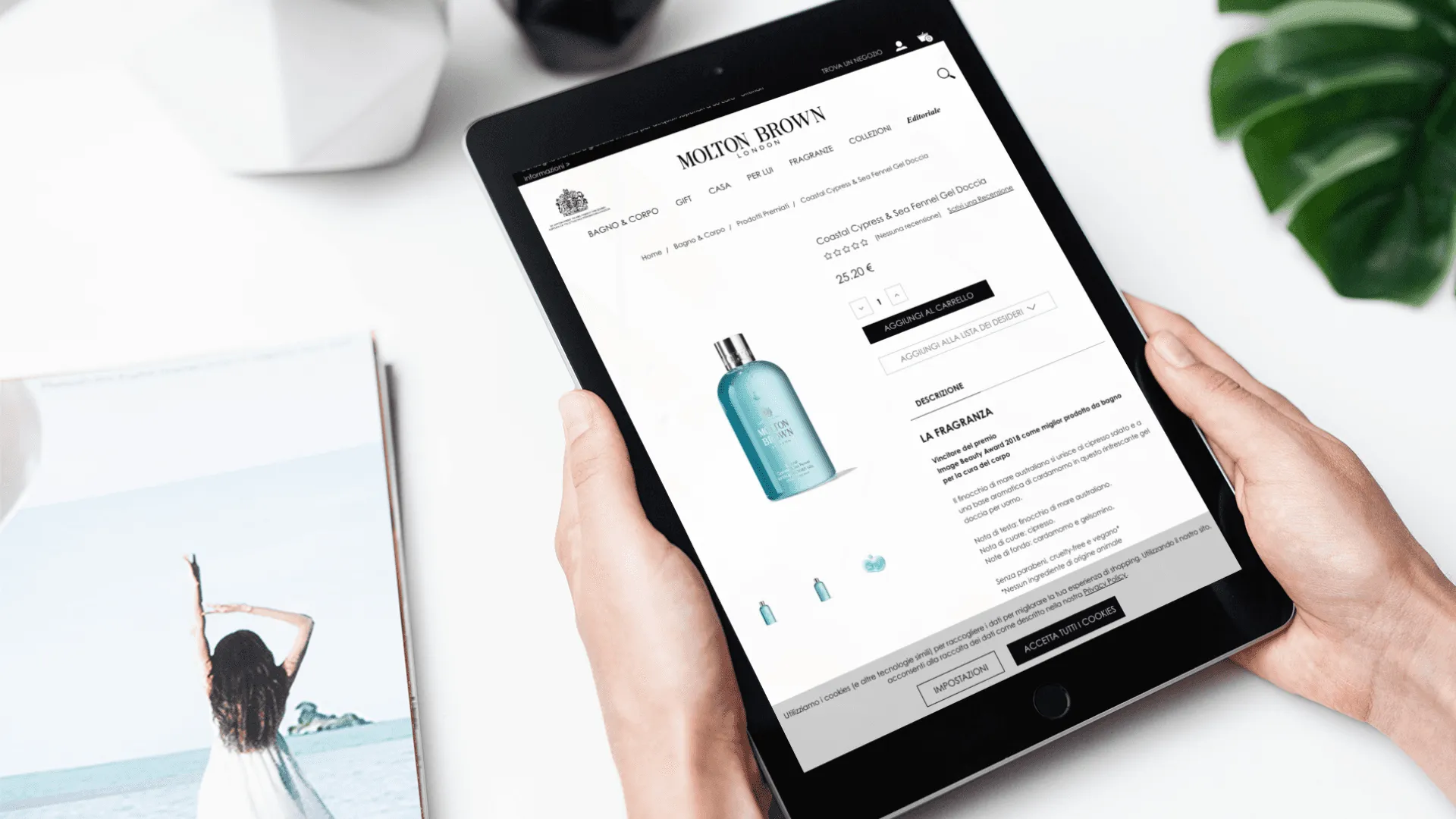 The Molton Brown website being displayed on a tables