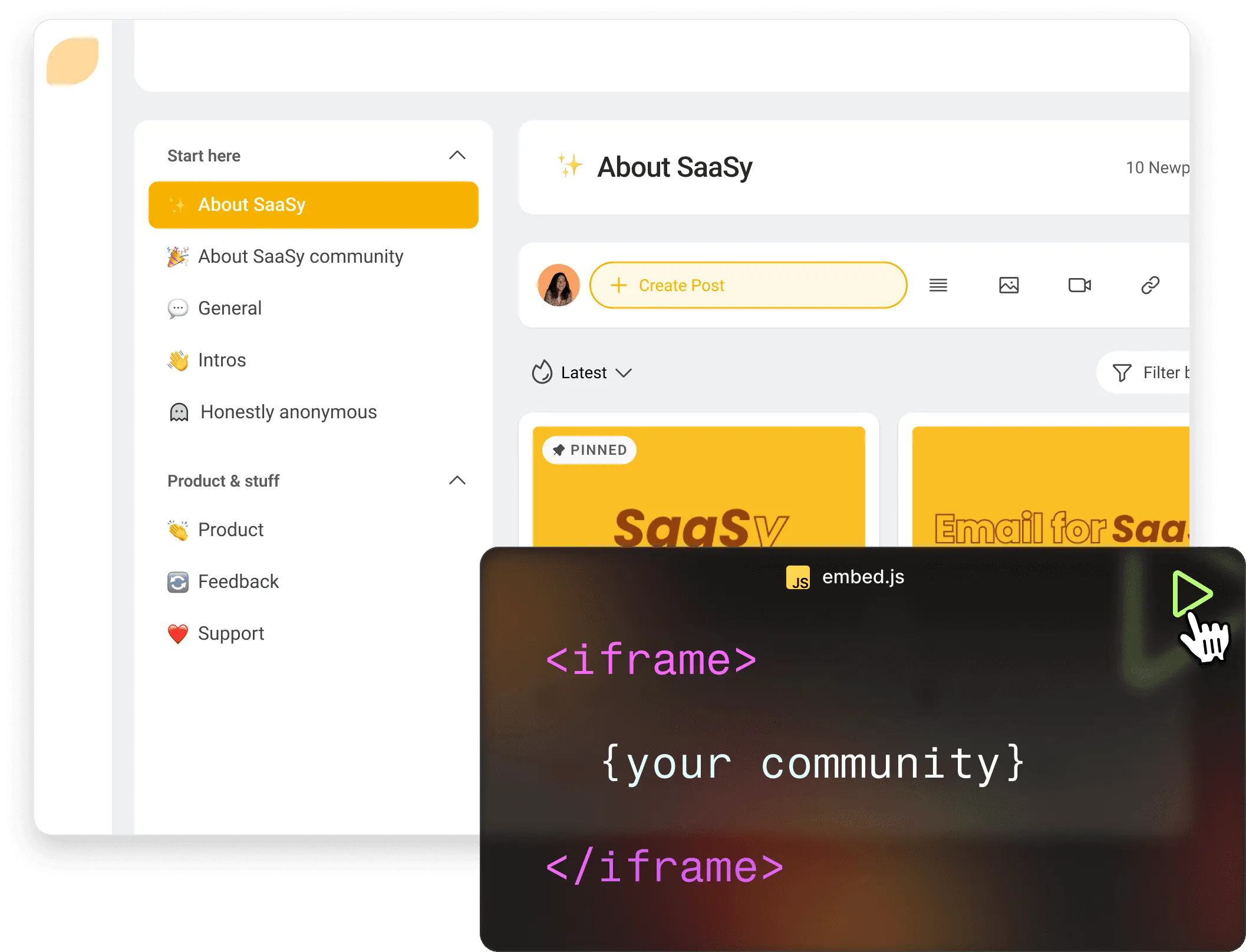 Illustration of a white-labeled online community built with Wylo, seamlessly embedded within a website, with accompanying embed code snippet visible.