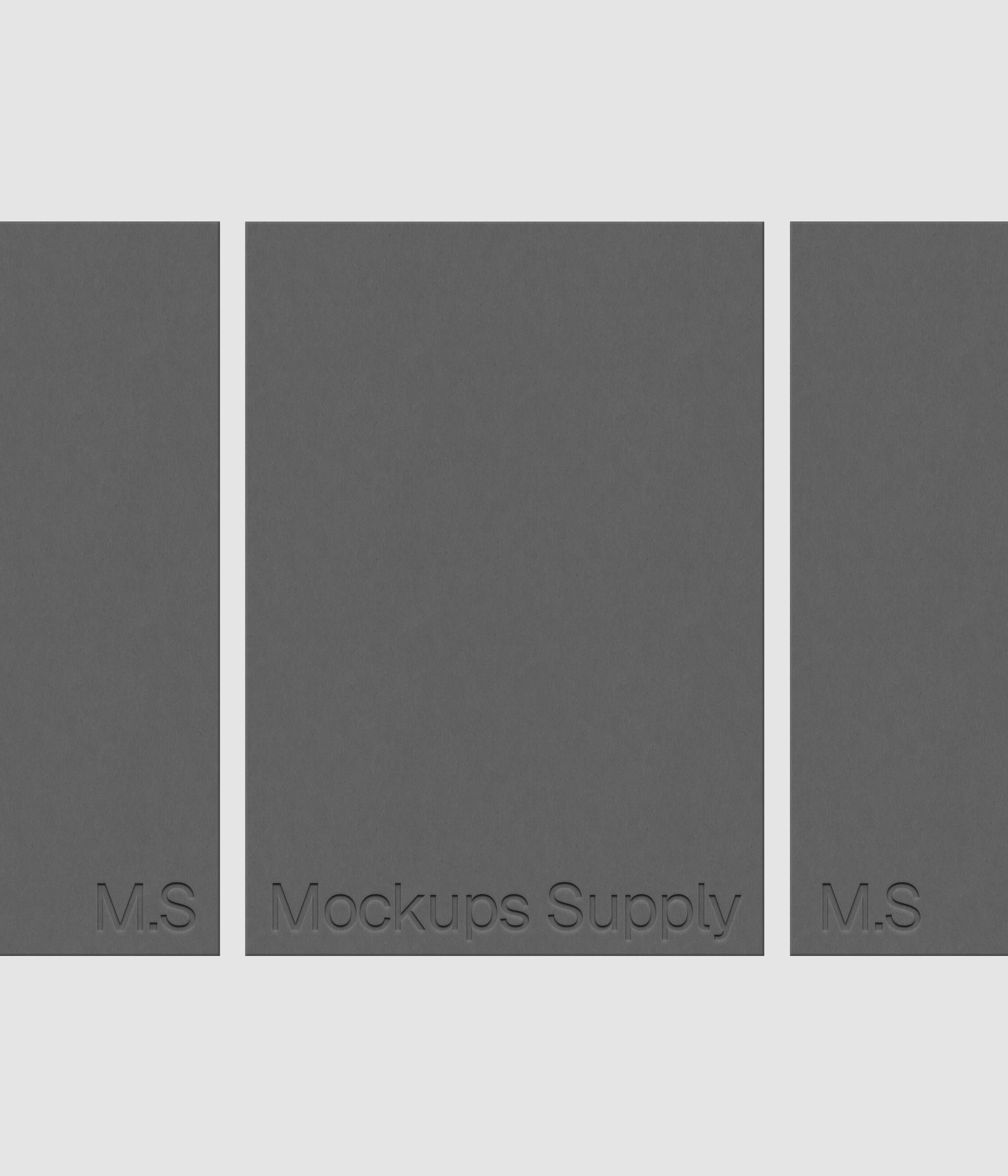 Three A4 paper mockup PSD in a row with debossed logo effect, gray papers on white background, modern minimal stationery mockup for print design and brand identity