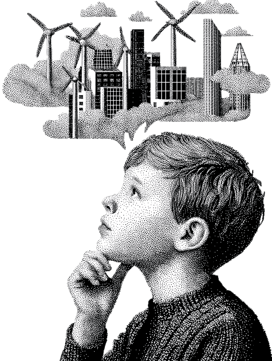 Un garçon rêve d'une ville éco-responsable avec des éoliennes, représentant l'avenir et le développement durable.