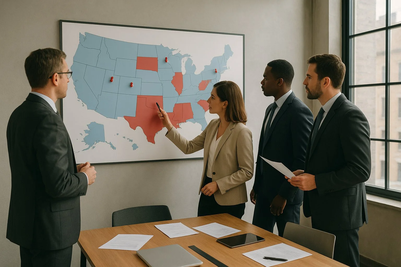 Multiple business owners studying a large wall-mounted map with pins marking PTE elections, with papers and laptops on a nearby table.