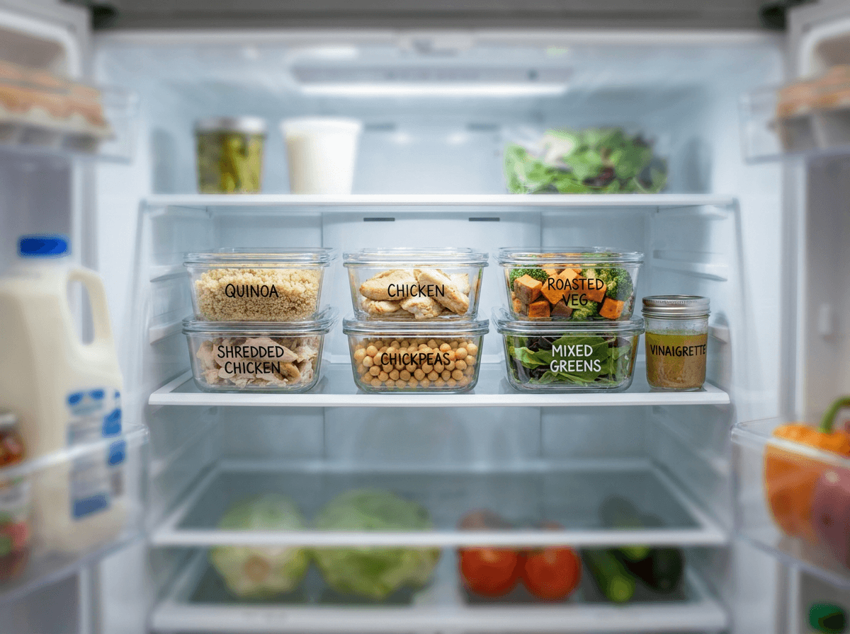 Weekly meal prep lunch station in fridge with labeled ingredient containers