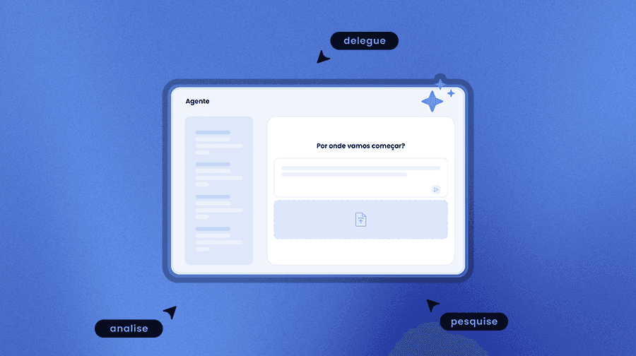 Agente: Interface "Agente" com campo de chat. Destaques: delegue, analise e pesquise.