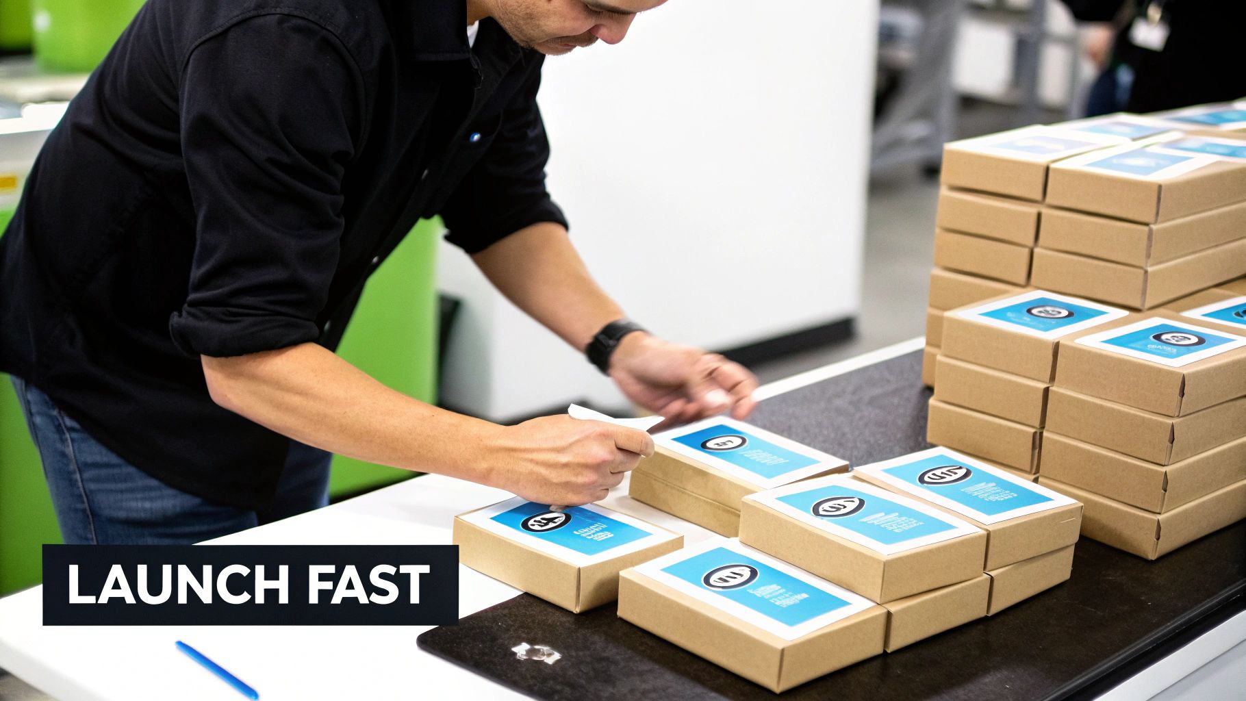 An entrepreneur quickly applying a sleek, modern brand label to a ready-made product, showcasing the speed of the white label model.