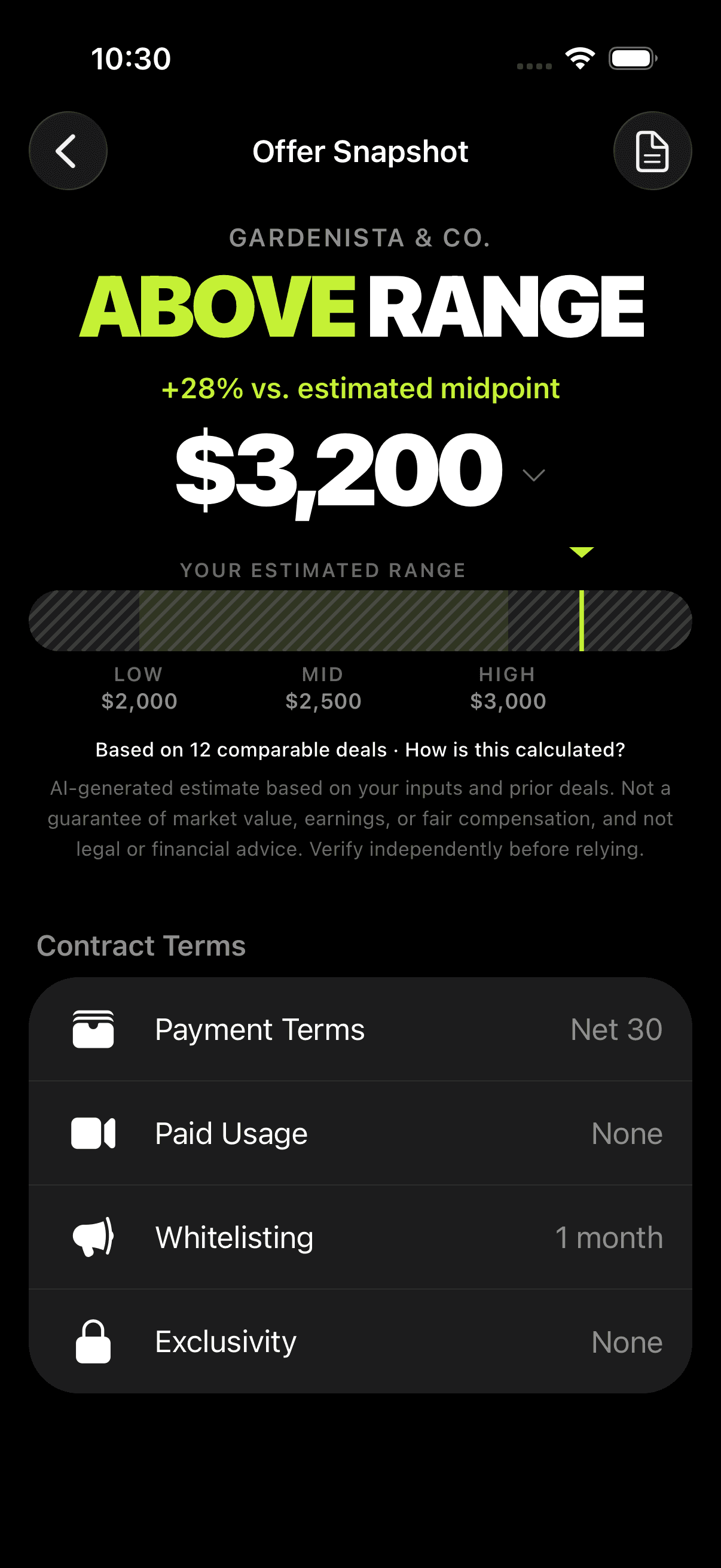 Contract comparison screen