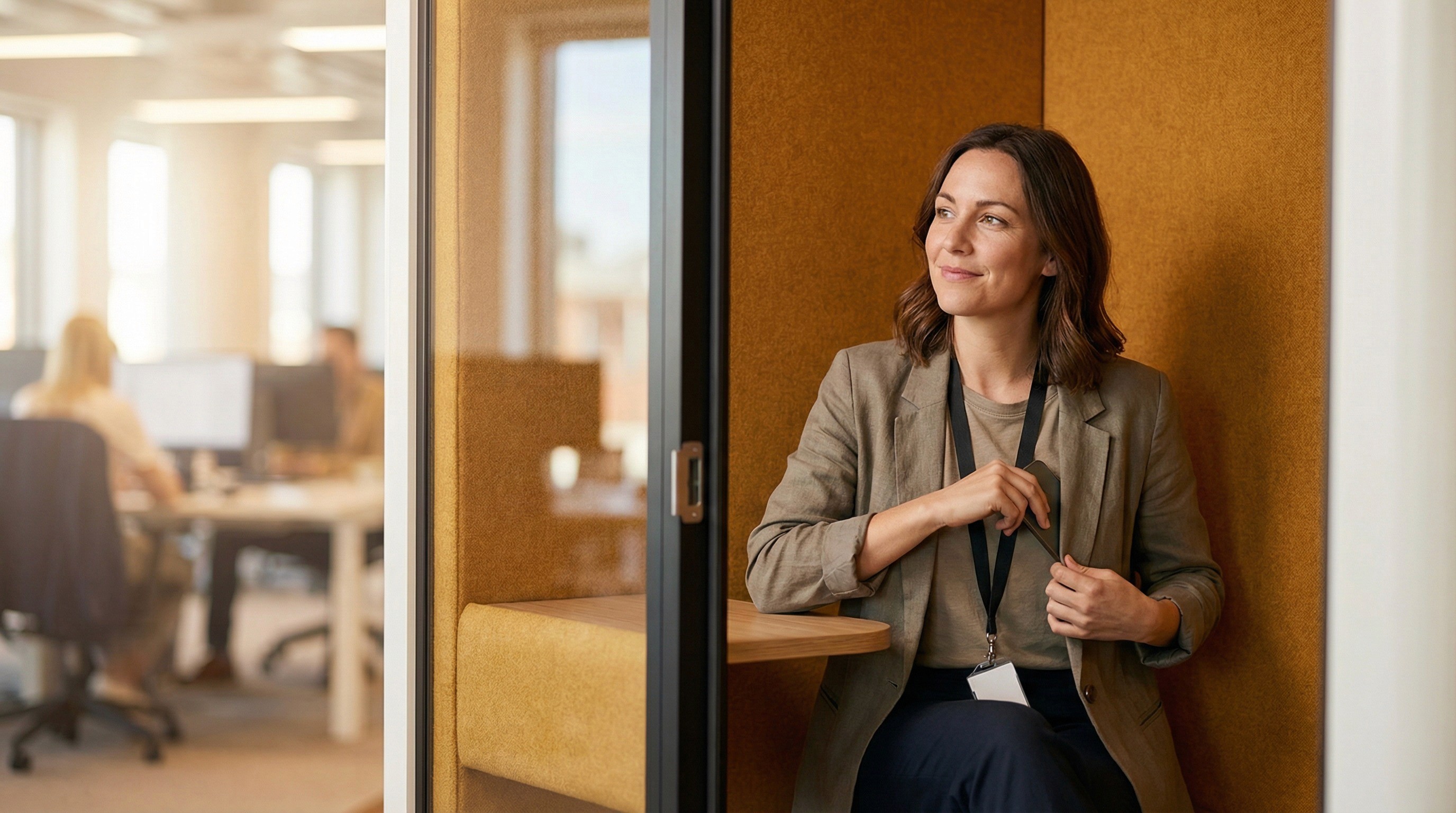 A warm, quiet shot of a worker in her early 30s sitting alone in a small phone booth pod in a modern open-plan office — the kind of semi-enclosed, single-person space with felt walls and a small shelf that organisations install for private calls and focused work. She is finishing something on her phone with a calm, unhurried expression, then sliding the phone into her pocket as she prepares to step back out into the office. The felt walls of the pod partially enclose her, creating a visible boundary between her private moment and the open-plan activity faintly visible through the pod's glass panel.