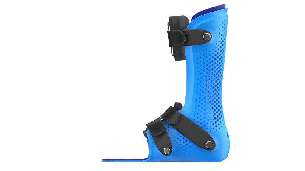 Piro 3D-printed modern cosmetic ankle-foot orthosis (AFO) displayed on the devices page, providing lightweight, custom orthotic support for foot drop at Limitless Orthotics clinic, Leeds.