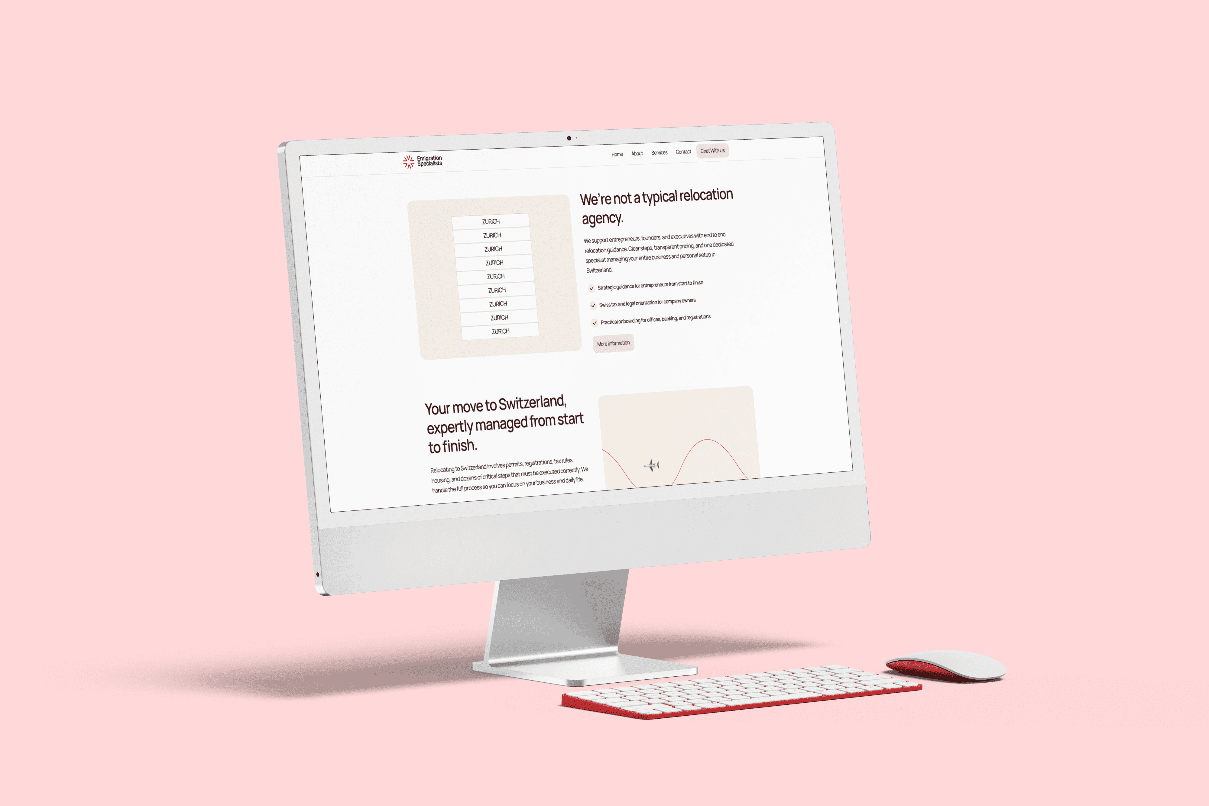 iMac mockup displaying the Emigration Specialists service overview and relocation steps.