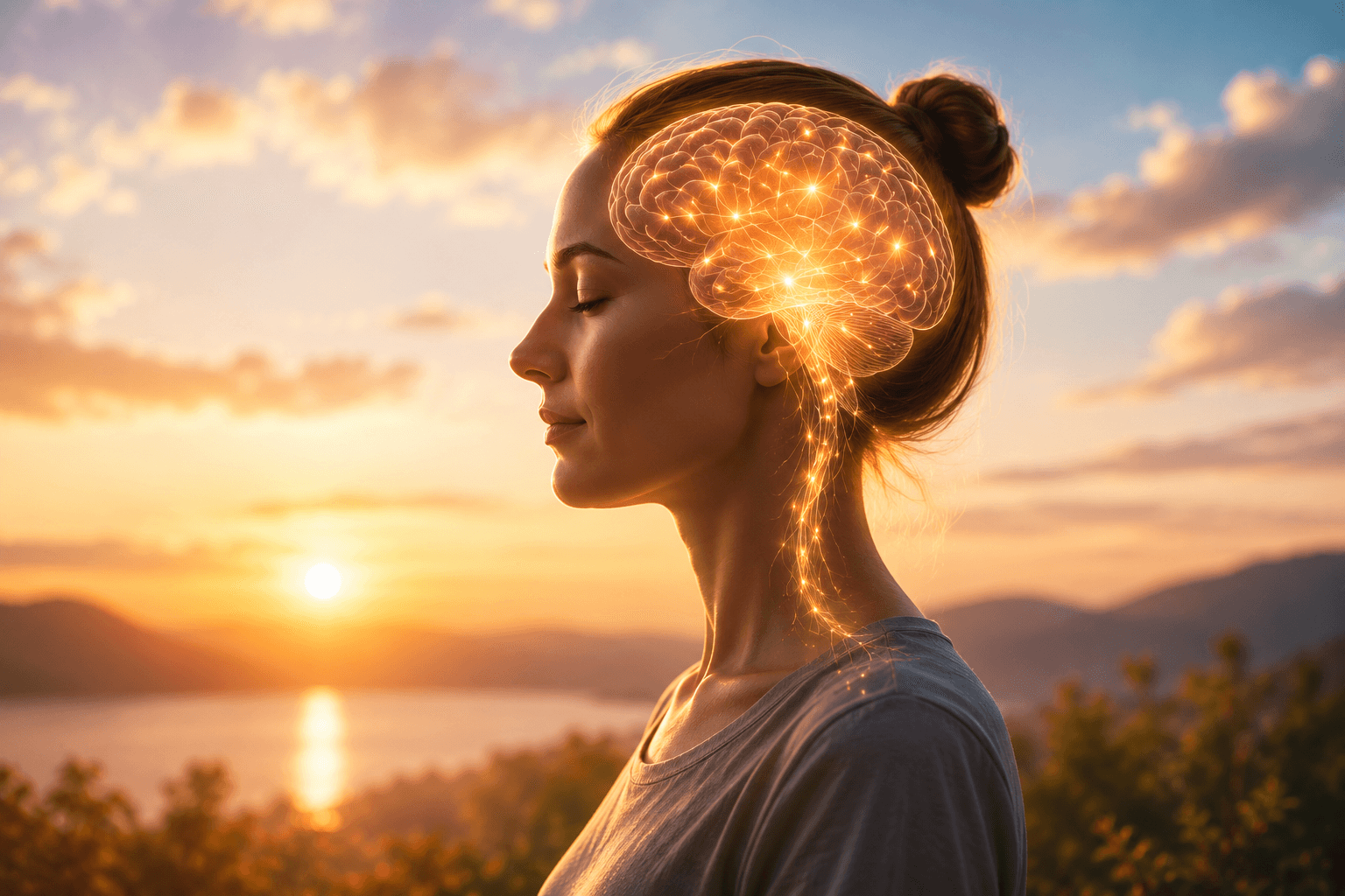 Entspannte Frau mit geschlossenen Augen vor einer ruhigen Landschaft bei Sonnenuntergang, überlagert von einer leuchtenden Darstellung des Gehirns und des Nervensystems.