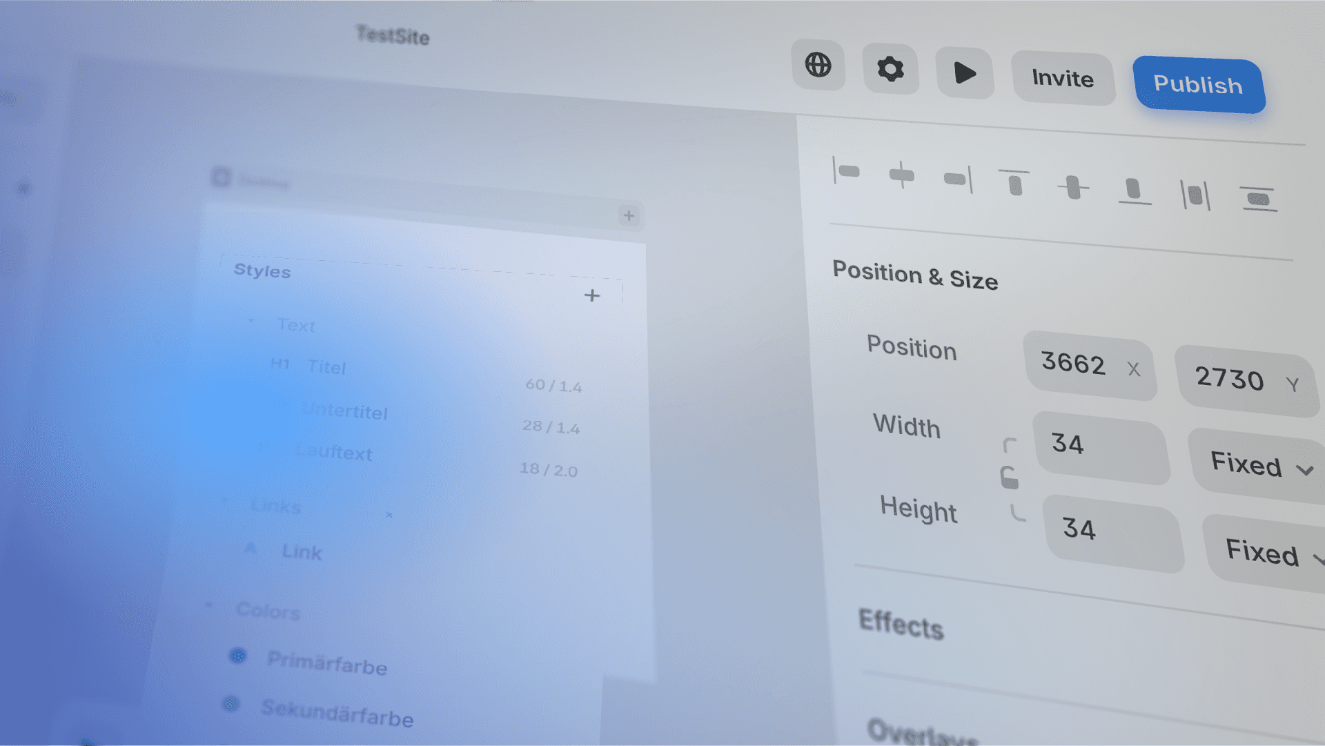 Ein blau eingefärbter Screenshot der Arbeitsoberfläche in Framer