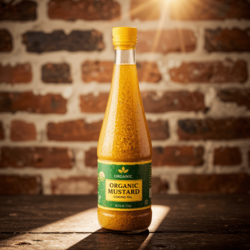 product photography of a bottle of organic mustard cooking oil