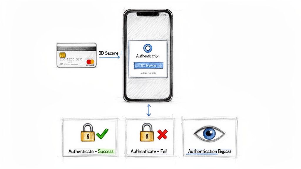 Diagram illustrating 3D Secure credit card authentication on a smartphone, showing success, failure, or bypass scenarios.