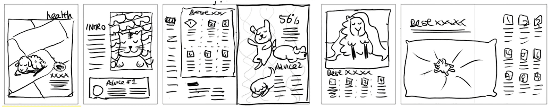 A hand sketch of layouts with animals for a sleep awards story