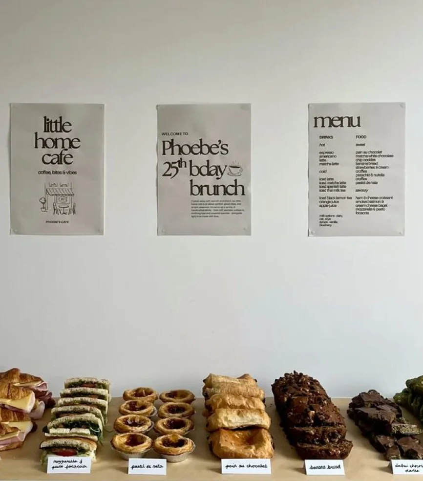 Cafe menu posters and pastries display