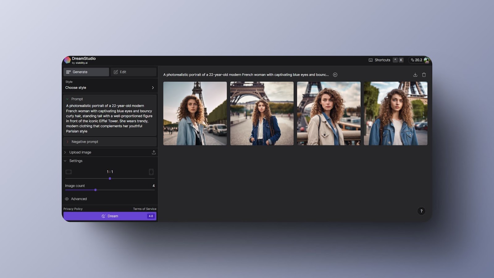 screenshot of DreamStudio interface showing photorealistic image variations of a modern French woman with curly hair in front of the Eiffel Tower